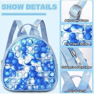 Pop It Fidget Backpack Blue White Sensory Poppers Iridescent Kids PreK 11”x9.5”